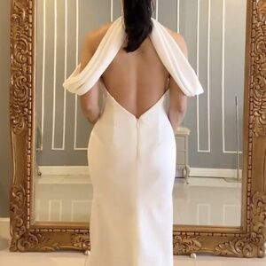 Elegant White Open Back Halter Dress